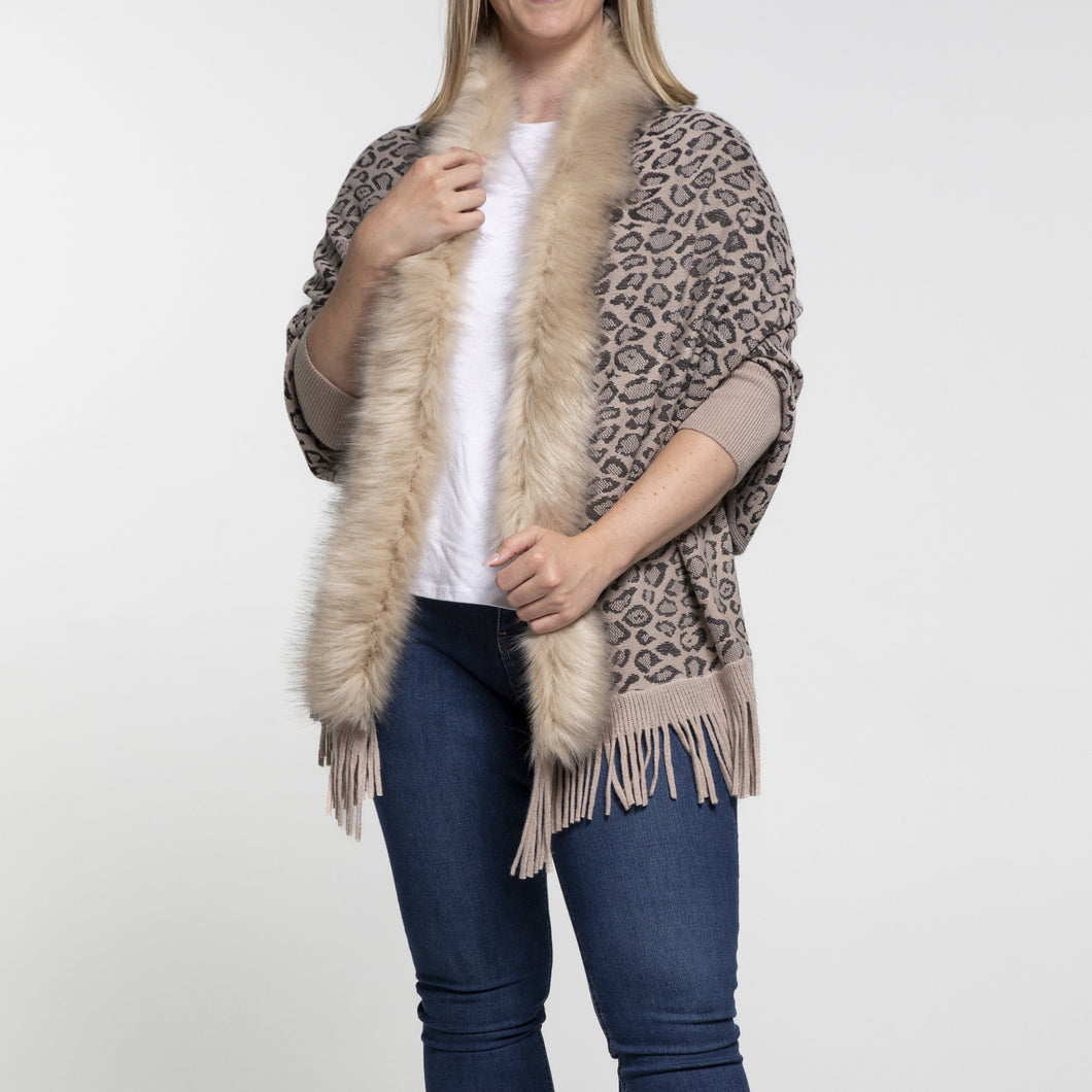 THSP1048: Mushroom: Faux Fur Leopard Sleeve Cape Wrap