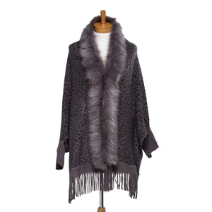 THSP1049: Grey: Faux Fur Leopard Sleeve Cape Wrap