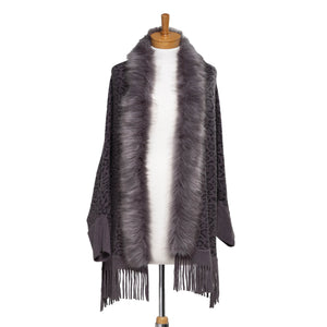 THSP1049: Grey: Faux Fur Leopard Sleeve Cape Wrap