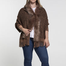 Load image into Gallery viewer, THSP1050: Brown: Faux Fur Leopard Sleeve Cape Wrap
