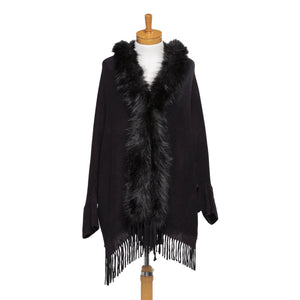 THSP1051: Black: Faux Fur Plain Sleeve Cape Wrap