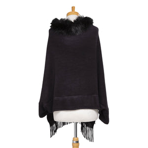 THSP1051: Black: Faux Fur Plain Sleeve Cape Wrap