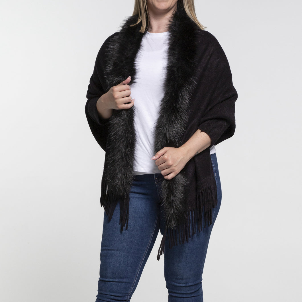 THSP1051: Black: Faux Fur Plain Sleeve Cape Wrap