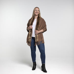 THSP1052: Brown: Faux Fur Plain Sleeve Cape Wrap