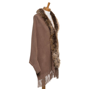 THSP1052: Brown: Faux Fur Plain Sleeve Cape Wrap