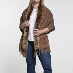 THSP1052: Brown: Faux Fur Plain Sleeve Cape Wrap