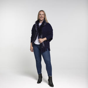 THSP1053: Navy: Faux Fur Plain Sleeve Cape Wrap