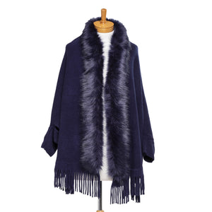 THSP1053: Navy: Faux Fur Plain Sleeve Cape Wrap