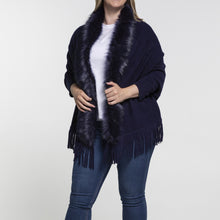 Load image into Gallery viewer, THSP1053: Navy: Faux Fur Plain Sleeve Cape Wrap
