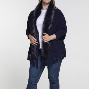 THSP1053: Navy: Faux Fur Plain Sleeve Cape Wrap