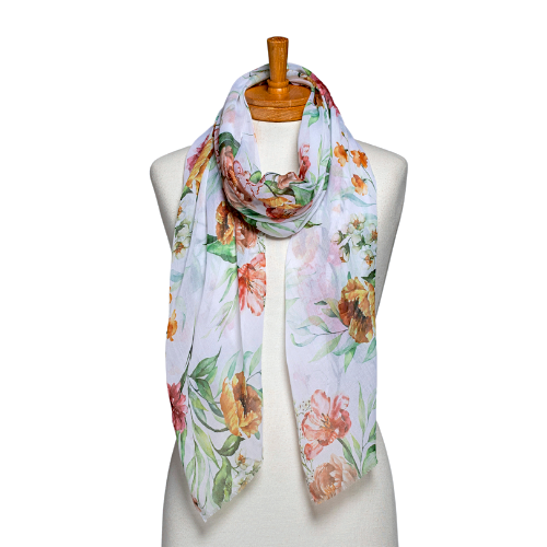 THSS2572: White: Flower Bouquet Scarf