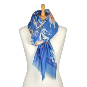 THSS2589: Blue: Double Border Floral Scarf