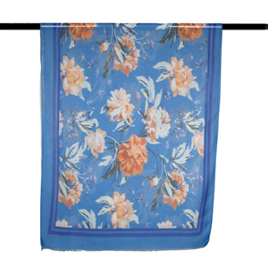 THSS2589: Blue: Double Border Floral Scarf