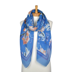 THSS2589: Blue: Double Border Floral Scarf