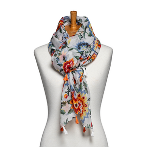 THSS2592: Multi: Abstract Floral Tassel Scarf