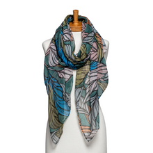 Load image into Gallery viewer, THSS2612: Green Blue: Leaf Pattern Scarf
