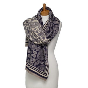 THSS2638: Navy: Reversible Paisley Pattern Scarf