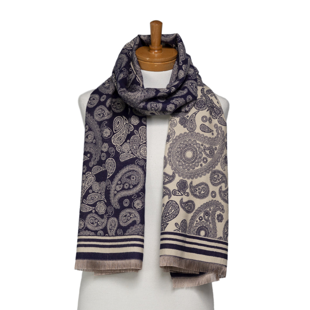 THSS2638: Navy: Reversible Paisley Pattern Scarf