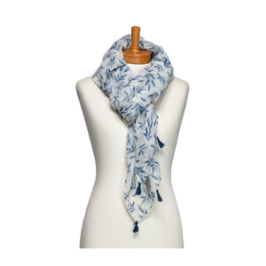 THSS2672: Blue: Multi Leaves with Tassels Scarf