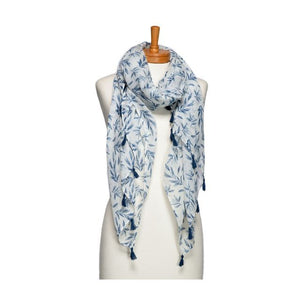 THSS2672: Blue: Multi Leaves with Tassels Scarf