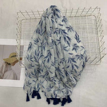 Load image into Gallery viewer, THSS2672: Blue: Multi Leaves with Tassels Scarf
