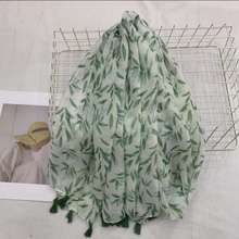 Load image into Gallery viewer, THSS2673: Green: Multi Leaves with Tassels Scarf
