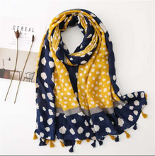 Load image into Gallery viewer, THSS2674: Navy: Multi Polka Dots with Tassels Scarf
