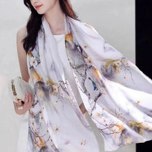 Load image into Gallery viewer, THSS2697: Light Grey: Cherry Blossoms with Birds Scarf
