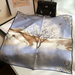 THSS2699: Misty Blue: Sakura Flower Square Scarf