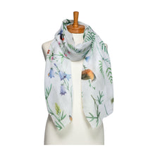 Load image into Gallery viewer, THSS2741: White: Birds, Butterflies, Dragonflies Scarf
