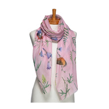 Load image into Gallery viewer, THSS2742: Pink: Birds, Butterflies, Dragonflies Scarf
