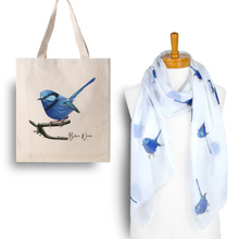 Load image into Gallery viewer, Serenity &amp; Sparkle Blue Wren Scarf &amp; Tote Bag Set | White
