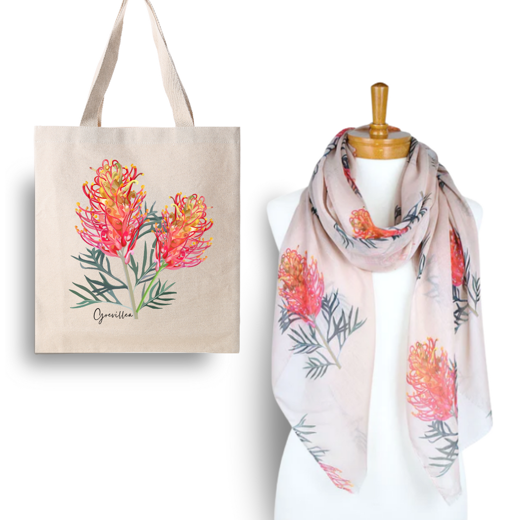 Australian Native Grevillea Flower Tote Bag and Scarf Set | Beige