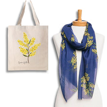 Load image into Gallery viewer, Warmth &amp; Joy Golden Wattle Scarf &amp; Tote Bag Set | Navy
