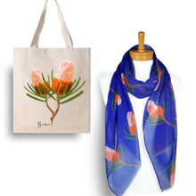 Load image into Gallery viewer, Australian Native Flower Design, Unique Gift for Nature Lovers - Banksia Tote Bag &amp; Scarf Set | Navy
