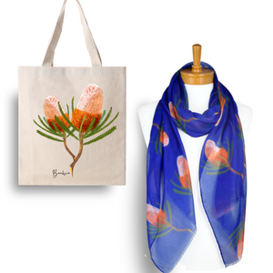 Australian Native Flower Design, Unique Gift for Nature Lovers - Banksia Tote Bag & Scarf Set | Navy