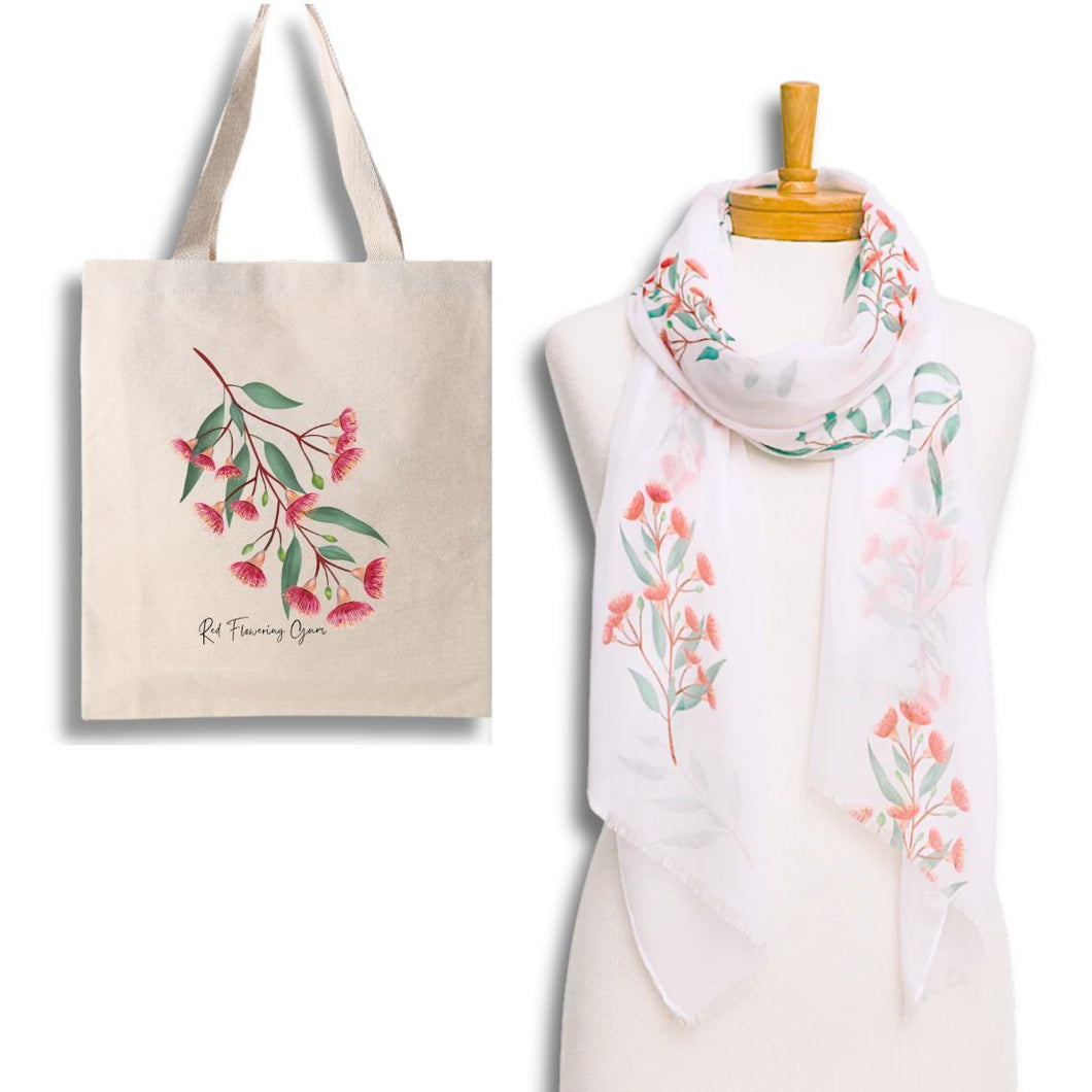 Crimson Blaze Red Flowering Gum Scarf & Tote Bag Set | White