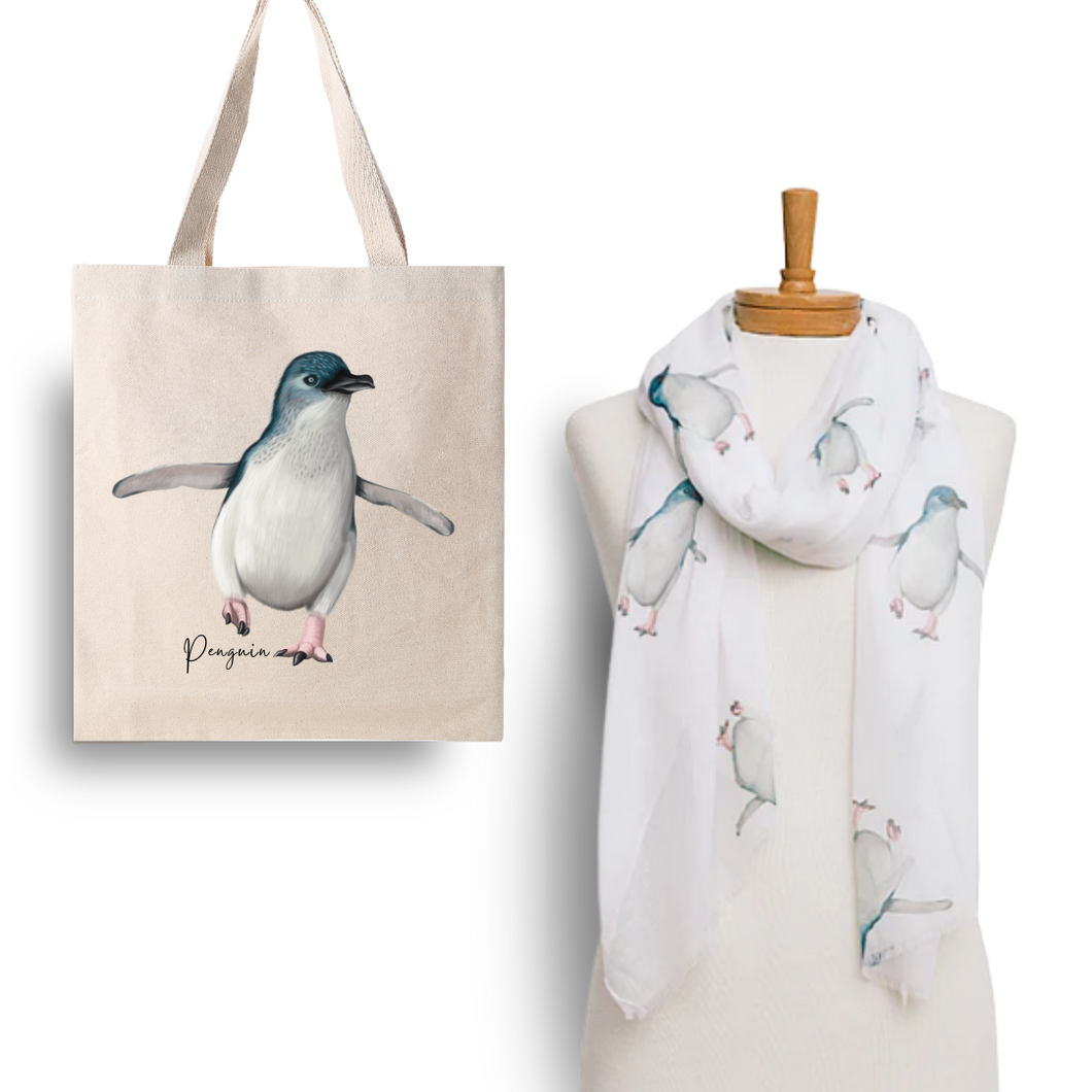 Chill & Charm Penguin Scarf & Tote Bag Set | White