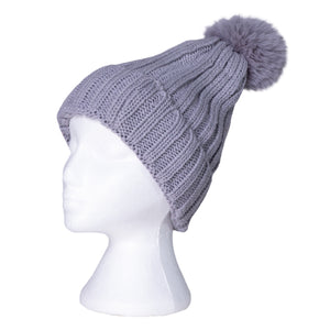 THSBE1001: Grey: Faux Pom Pom Ribbed Beanie